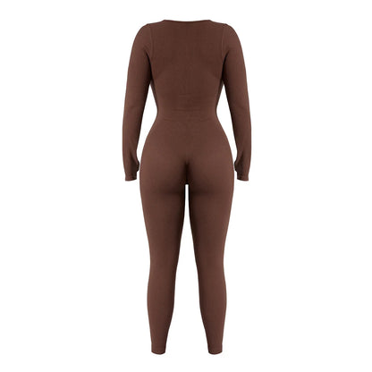 Women’s One-Piece Yoga Jumpsuit – Black Long-Sleeve Bodysuit, Sexy Streetwear & Casual Sportswear