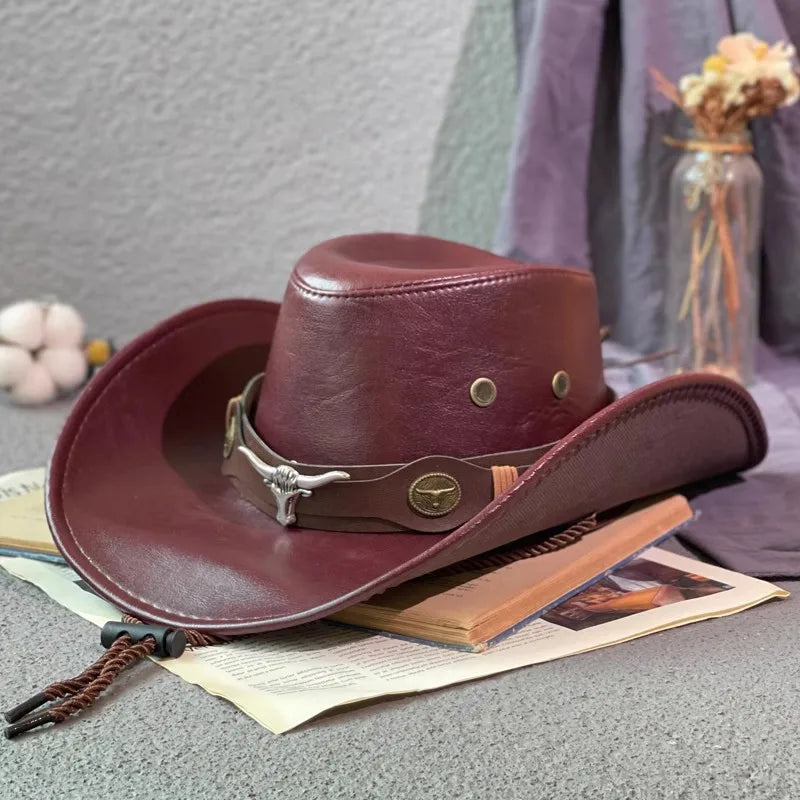 Faux Leather Western Cowboy Hat — Vintage Panama Sombrero Jazz Cap for Men & Women