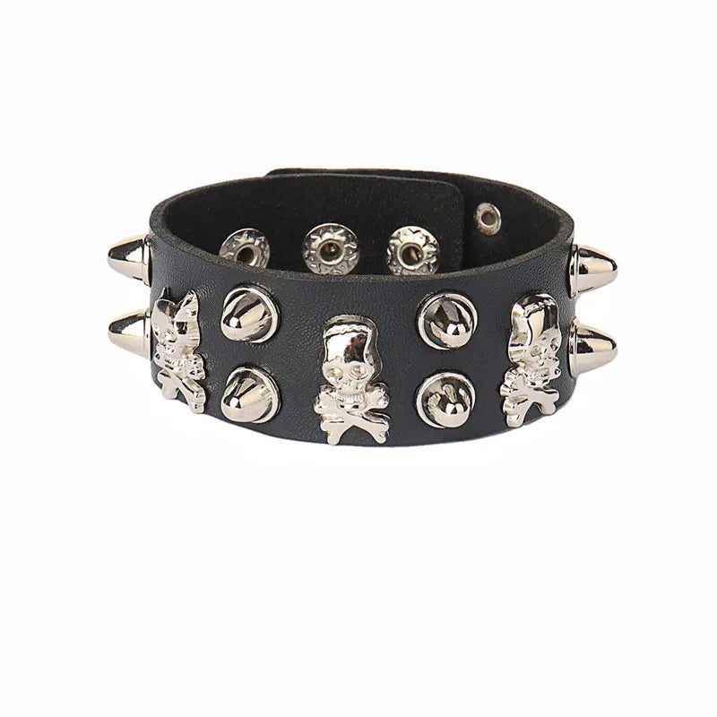 90s Punk Style Bracelet – PU Leather with 3 Rows of Spikes & Square Studs, Fashion Bangle for 2024