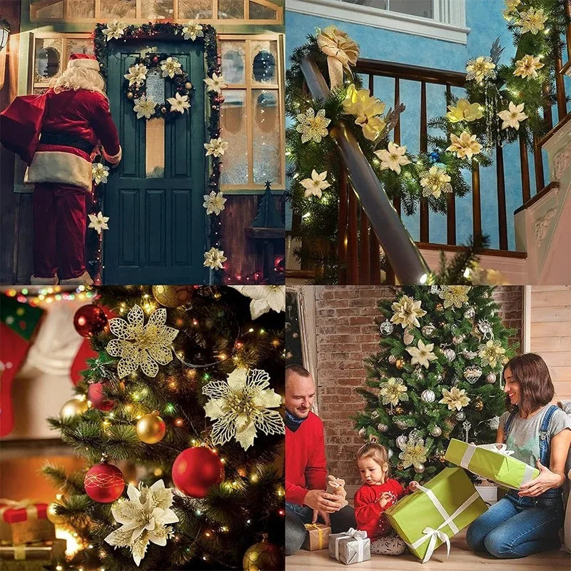 8/16PCS Christmas Decoration Set – Glitter Artificial Flowers for Tree, Home Decor, Xmas Ornaments, and New Year Decoration