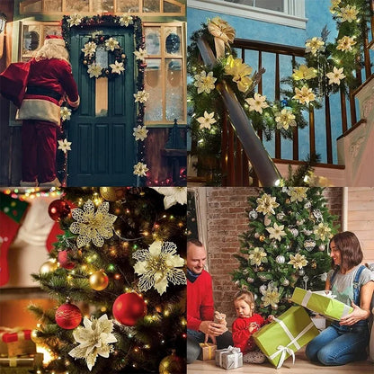 8/16PCS Christmas Decoration Set – Glitter Artificial Flowers for Tree, Home Decor, Xmas Ornaments, and New Year Decoration