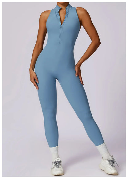 Women’s V-Back One-Piece Sports Jumpsuit — Sleeveless Yoga Romper with Zipper Workout Bodysuit