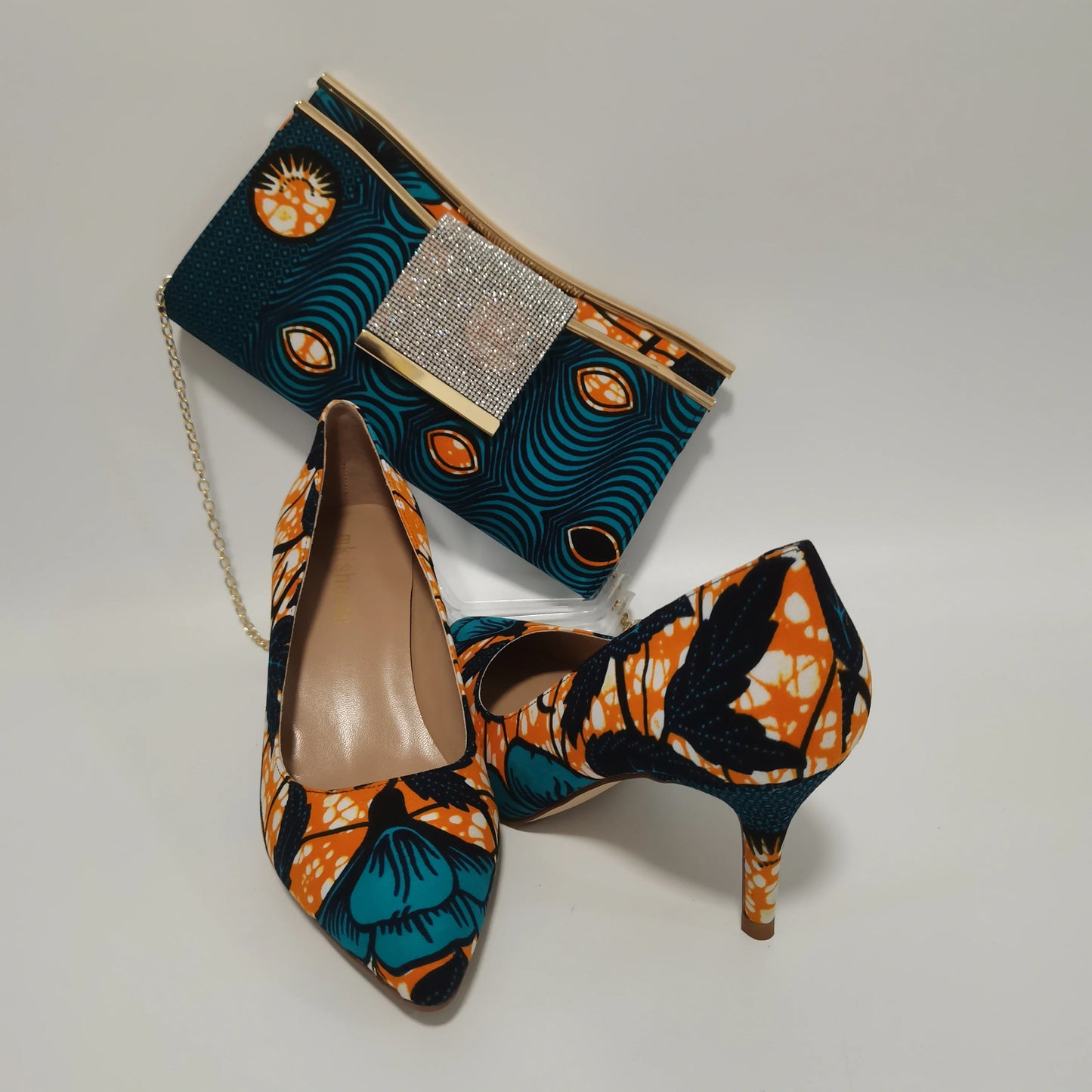 African Ankara Women’s Block Heel Shoes & Purse Set - Nigerian-Inspired Pointed Toe Fashion Accessories