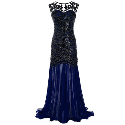 Women’s 1920s Great Gatsby Flapper Dress – Vintage V-Neck Sequin & Bead Long Mesh Maxi Party Prom Gown