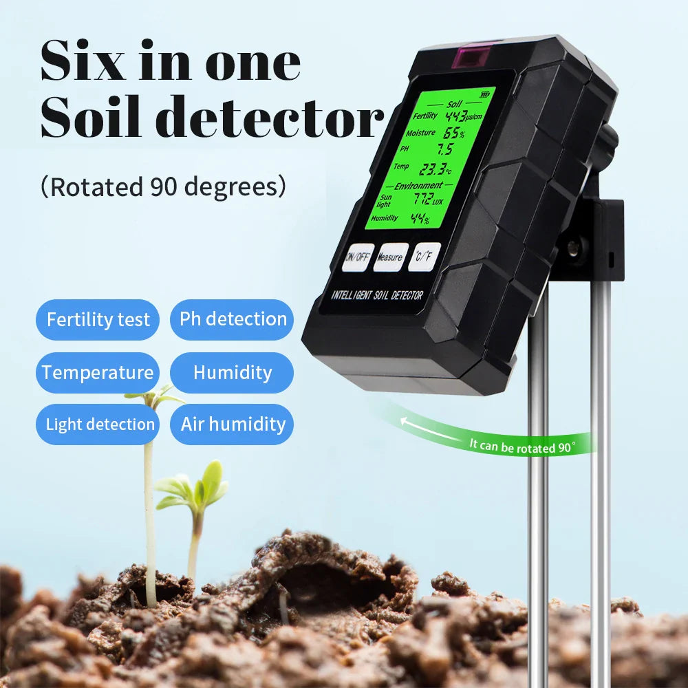 6 in 1 Soil Tester - pH, Temperature, Humidity, Sunlight, Air, Moisture & Nutrient Fertility Meter for Gardening