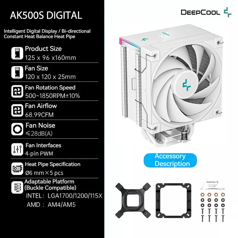 DeepCool AK500S Digital CPU Cooler – 240W TDP, 5 Heat Pipes, LED Display, Compatible with LGA1700/1200/115X, AM4/AM5