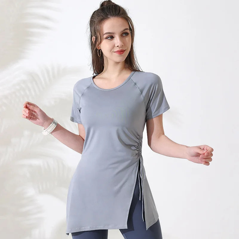 Women’s Short Sleeve Yoga Workout Top – Breathable Gym Fitness Shirt with Side Drawstring Split Hem Sportswear for Training & Running