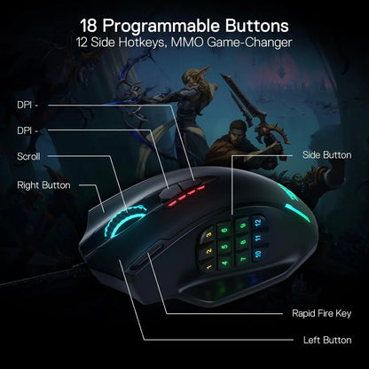 Redragon M908 RGB Backlit USB Wired Gaming Mouse – 18 Programmable Buttons, 12400 DPI