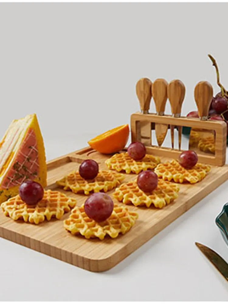 Bamboo Cheese Board Set – Square Wooden Board with Knife Holder, 4 Stainless Steel Knives & Dessert Plate