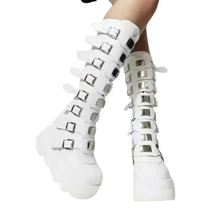 Women’s Gothic Knee-High Platform Boots – Black Punk Motorcycle Shoes for Halloween Cosplay
