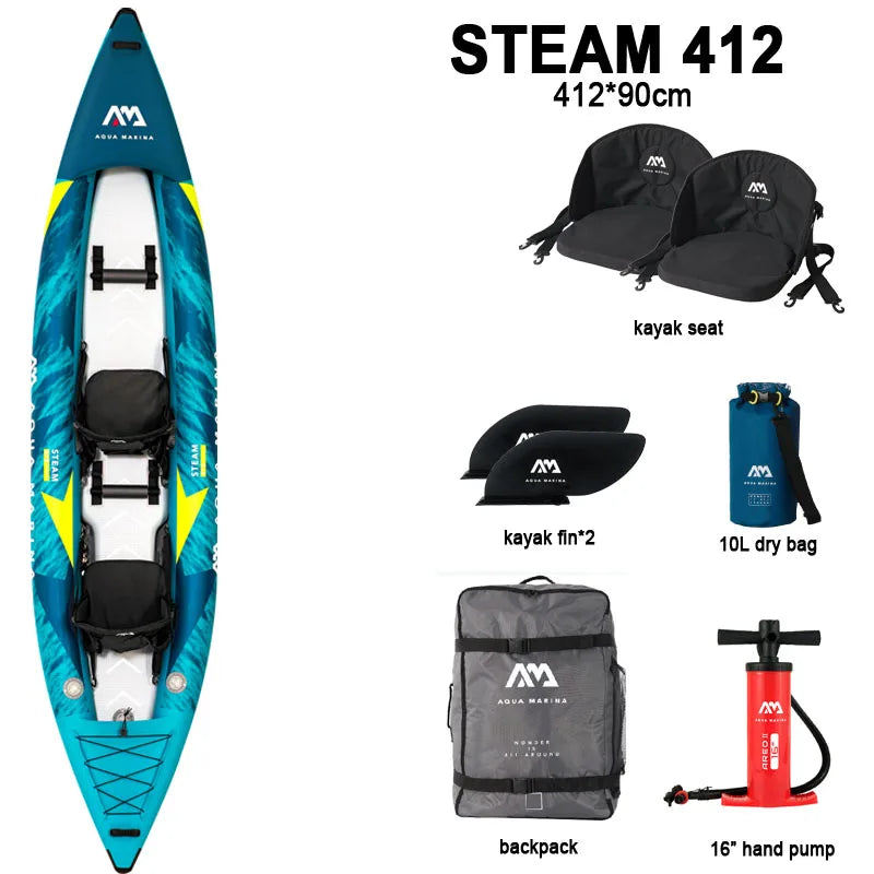 AQUA MARINA STEAM Inflatable Sport Kayak – 1-2 Person PVC Canoe Dinghy Raft with Pump, Seat & Drop Stitch Floor