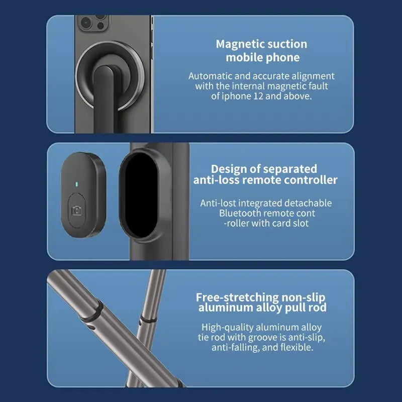 Bluetooth Selfie Stick with Magnetic Mobile Phone Stand - Handheld Camera Stabilizer with Integrated Desktop Triangle Stand for TikTok Live