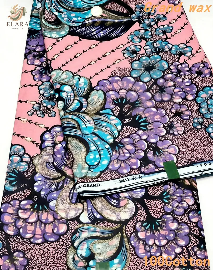 African Real Wax Print Fabric - Grand Original Ankara Blue Cotton Wax Material 6 Yards for Stylish Dresses & Uniforms