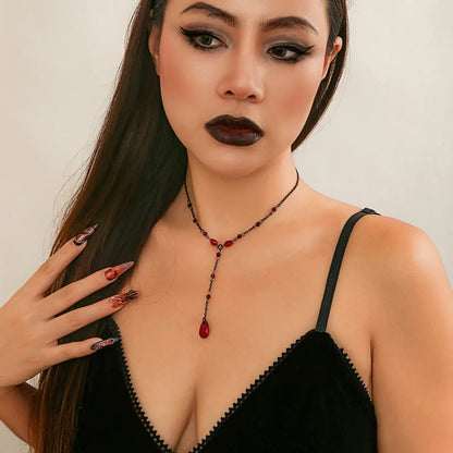Goth Black Crystal Chest Chain Necklace - Vintage Water Drop Choker Jewelry for Women Y2K Halloween Style Accessories