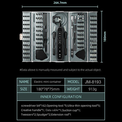 JAKEMY JM-8193 180-in-1 Electric Screwdriver Set – Precision Cordless Tool with Magnetic Bits for Phone, Glasses & Electronics Repair