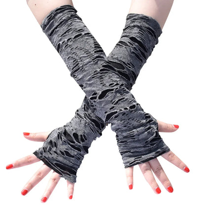 Gothic Fingerless Ripped Gloves - Black Slit Halloween Cosplay Gloves for Adults