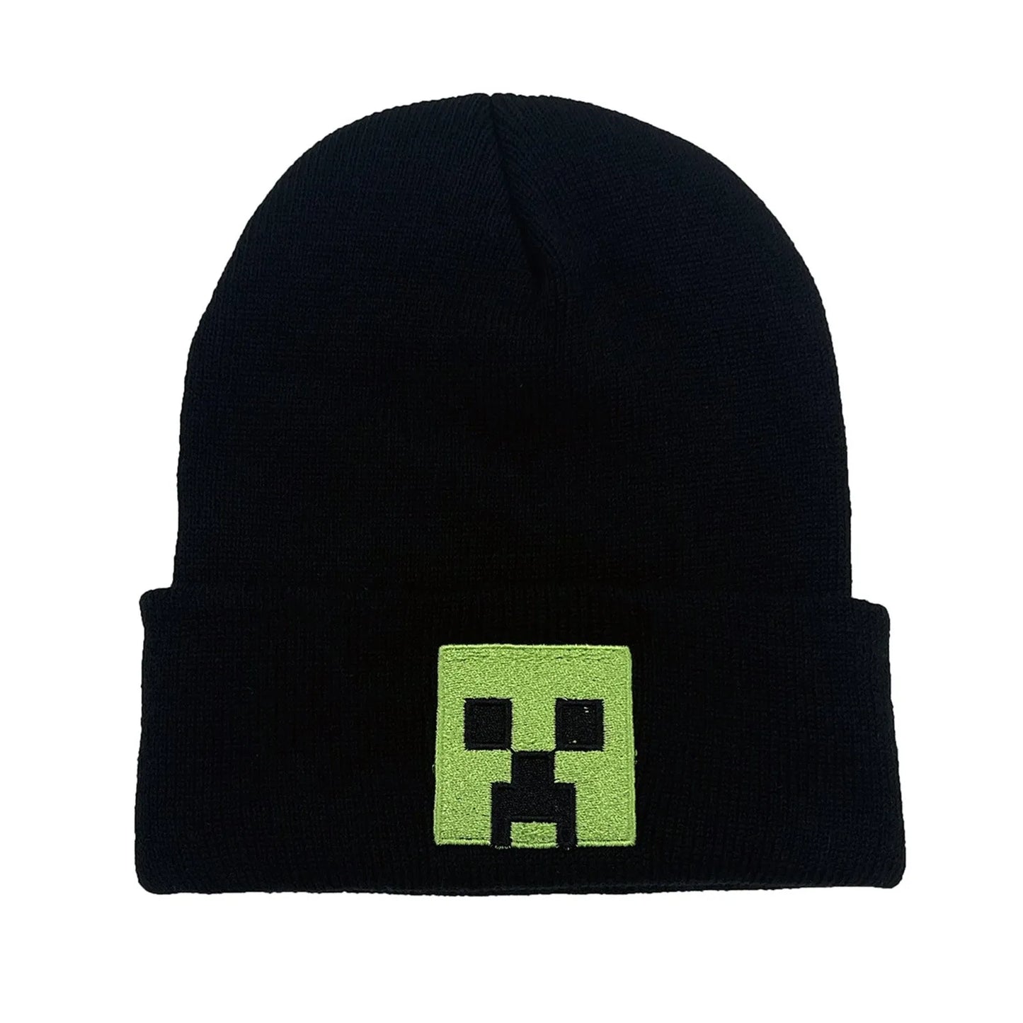 Unisex Black Knit Beanie Hat – Embroidered Green Face Design, Warm Winter Cap for Men & Women