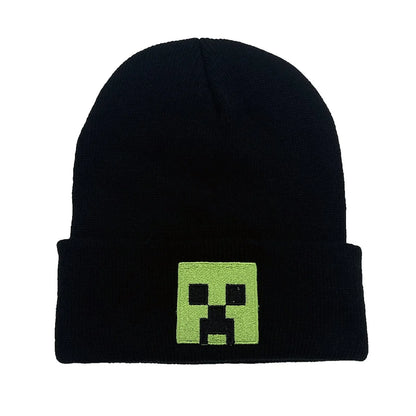 Unisex Black Knit Beanie Hat – Embroidered Green Face Design, Warm Winter Cap for Men & Women