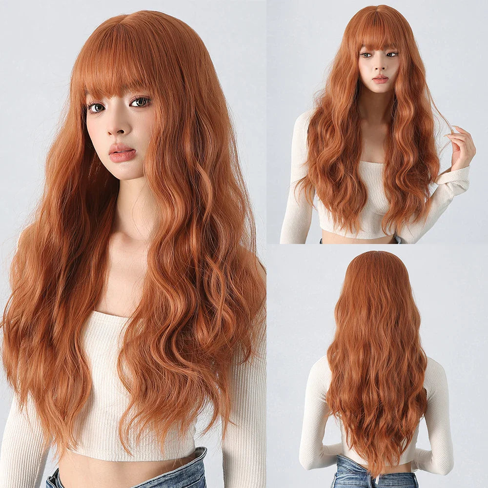 Copper Ginger Red Brown Synthetic Wig – Long Fluffy Wavy Wig with Bangs, Heat-Resistant Cosplay & Daily Wear Hair for Women
