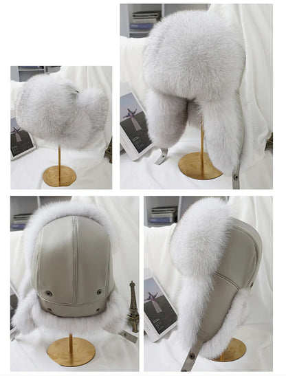 Natural Raccoon & Fox Fur Russian Ushanka Hat – Women’s Black Winter Bomber Cap with Ear Flaps
