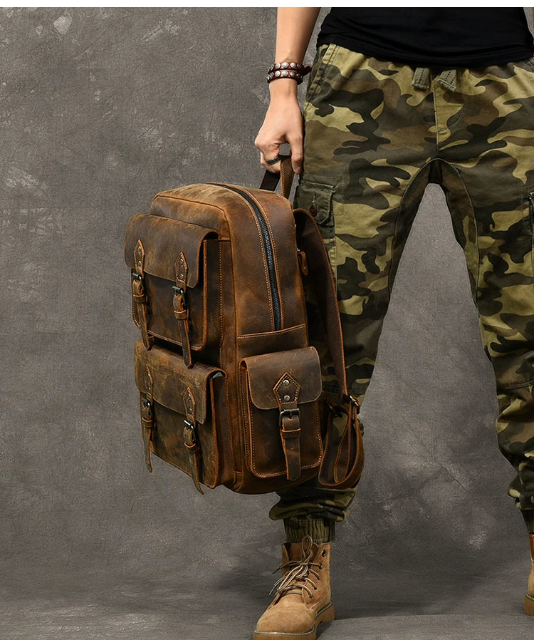 Vintage Crazy Horse Leather Backpack for Men — 17" Laptop Travel Rucksack Cowhide Hiking Bag M815
