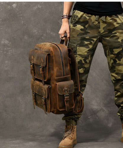 Vintage Crazy Horse Leather Backpack for Men — 17" Laptop Travel Rucksack Cowhide Hiking Bag M815