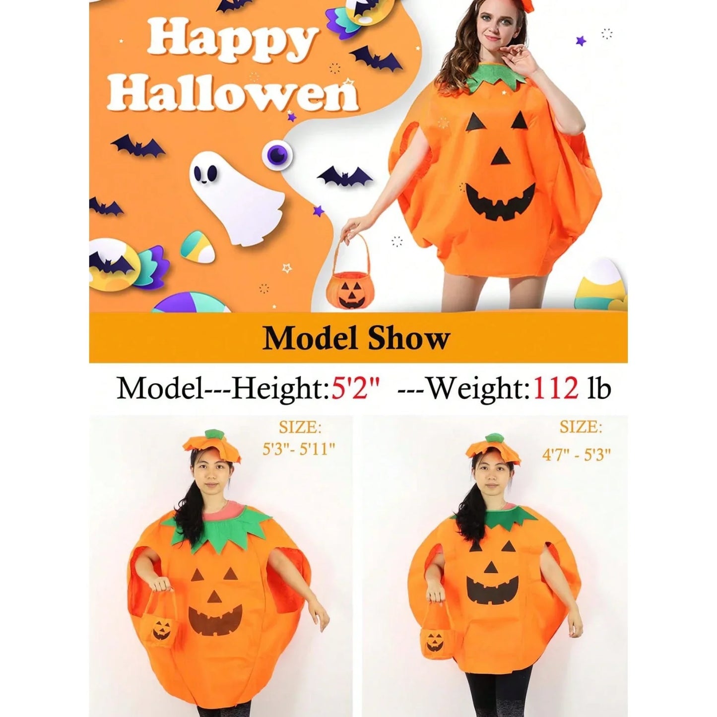 Women’s Pumpkin Halloween Costume Set - 3-Piece Cute Orange Cosplay Outfit with Hat for Parties & Carnival