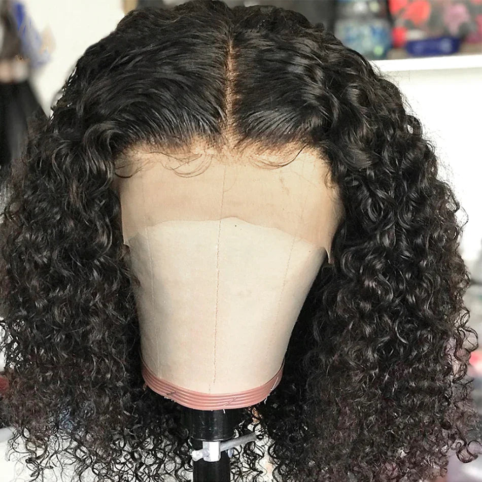 12A Brazilian Kinky Curly Bob Wig - Human Hair Lace Frontal Wigs, 180 Density - Glueless Wear-and-Go Water Wave Closure Wig