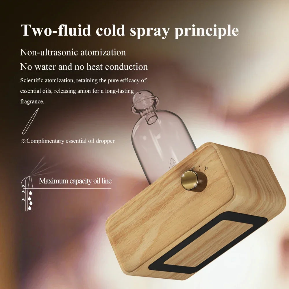 Glass Essential Oil Diffuser with Wood Grain Base - 2600mAh Nebulizer for Professional Aroma Therapy in Home or Office