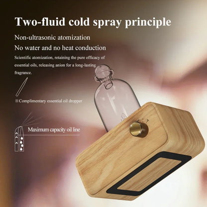Glass Essential Oil Diffuser with Wood Grain Base - 2600mAh Nebulizer for Professional Aroma Therapy in Home or Office