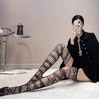 Women’s Gothic Bat Fishnet Stockings - Harajuku Emo Mesh Thigh High Tights with Sexy Alternative Lingerie Style