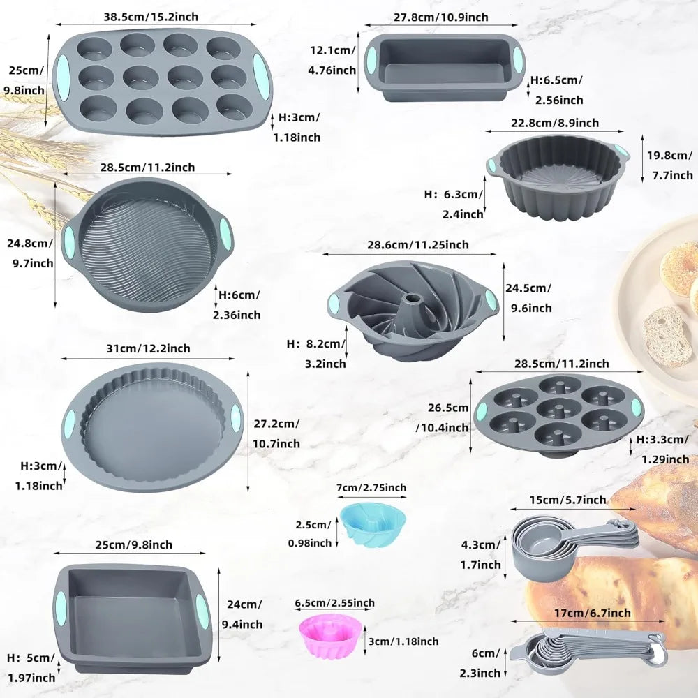 49 Piece Silicone Bakeware Set - Heat Resistant Baking Pans, Bread and Muffin Molds with Measuring Cups and Spoons