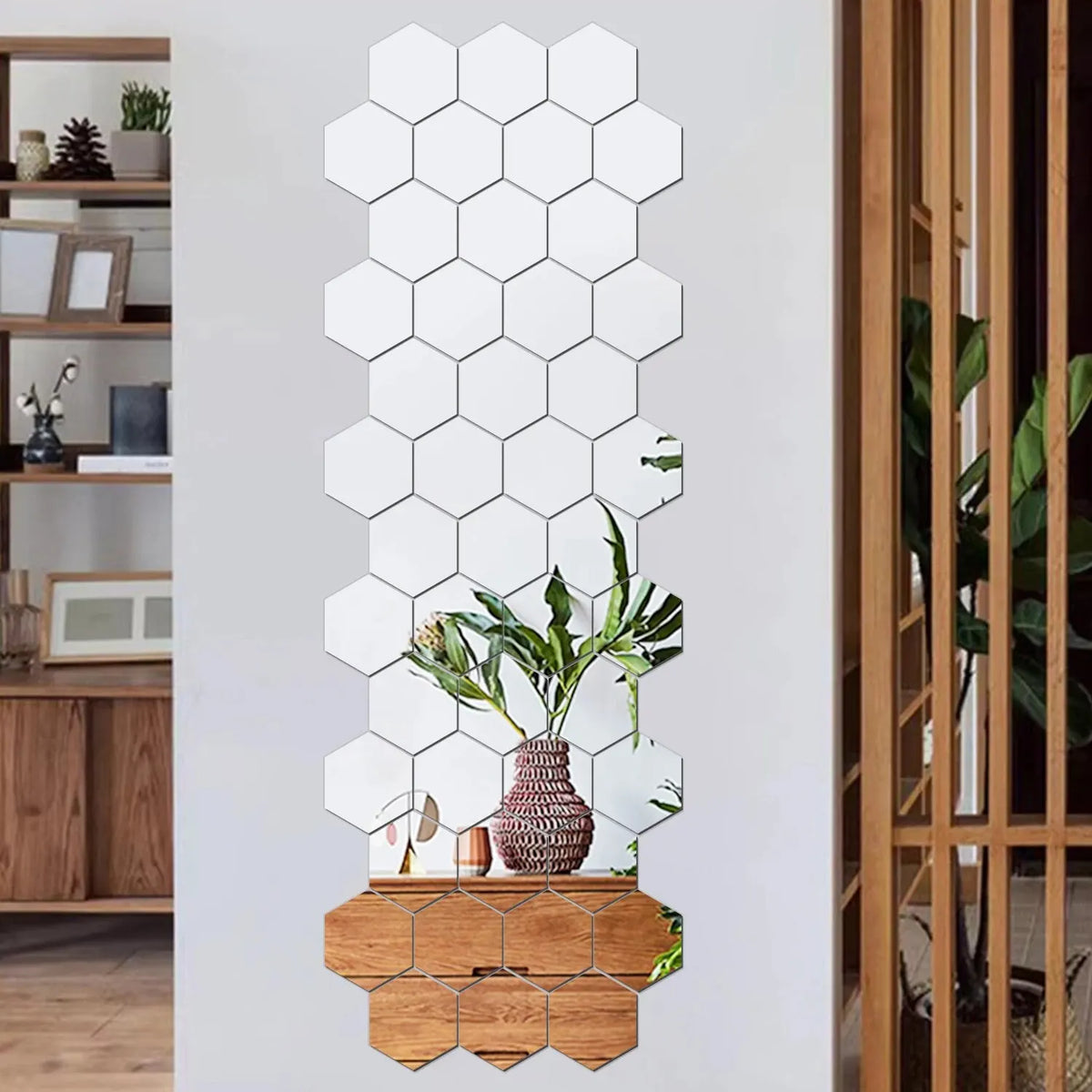12PCS Geometric Solid Hexagonal Mirror Wall Stickers - DIY with Built-in Adhesive, Removable Home Decoration
