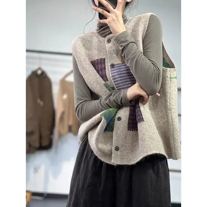 DIMANAF Plus Size Women’s Plaid Sleeveless Vest Sweater – Oversized Casual Loose Vintage Lady Knit Jumper Cardigan