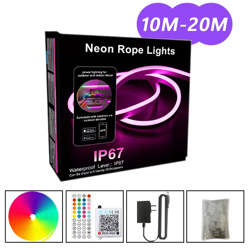 EU Plug DC24V RGB Neon LED Strip – 3535 Bluetooth Music Sync Waterproof Rope Light, 5-30M for Indoor & Outdoor Decor