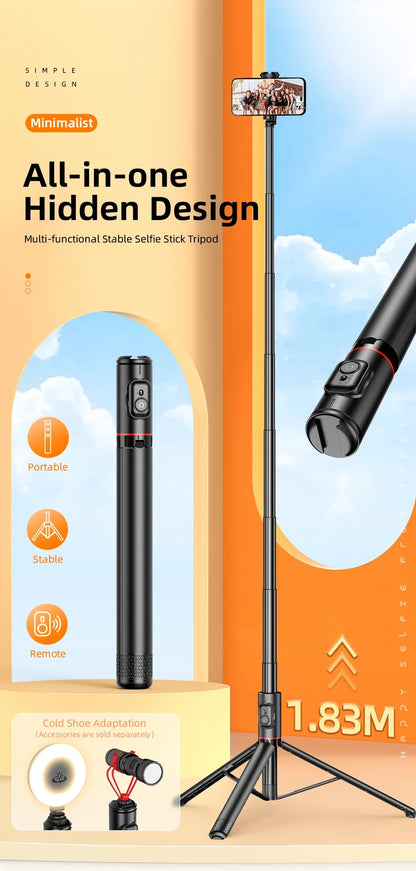 Selfieshow Wireless Selfie Stick – 72 Inch Portable Aluminum Alloy Tripod with Bluetooth Remote for iOS & Android Phones