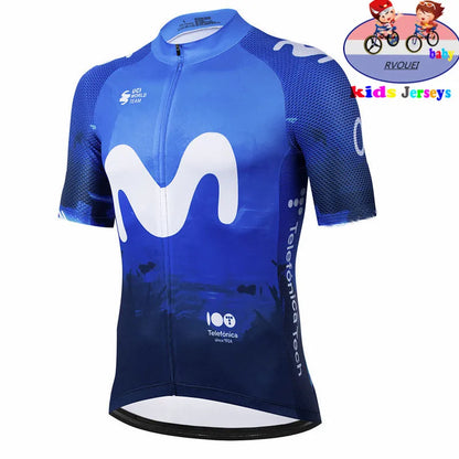 Kids Cycling Jersey Set - Baby Movistar Team Style Road Bike Shirt and Pants Suit for Boys and Girls MTB Riding