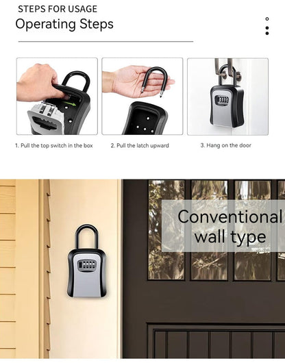 4 Digit Outdoor Password Key Box with Waterproof Steel Wire Hanging Hook - Free Installation & Extended Locking Storage