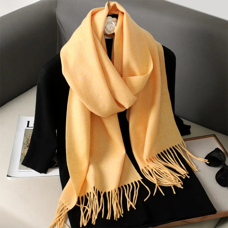 62-Color Solid Women’s Winter Scarf — Thick Warm Cashmere Pashmina Shawl with Tassels, Outdoor Luxury Wrap, Windproof Fashion Scarf