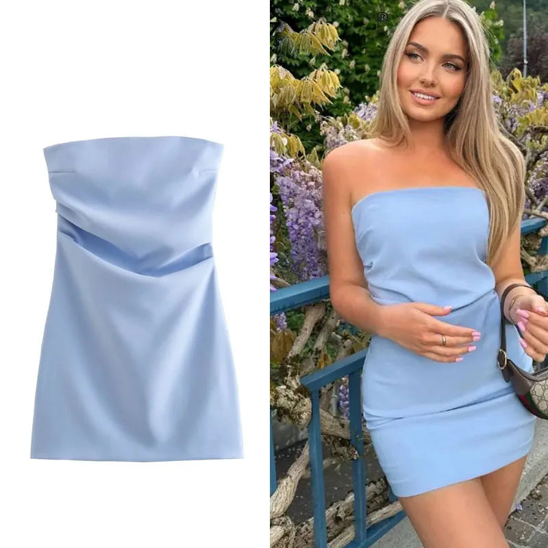 HXAO Women’s Off-Shoulder Corset Dress – Ruched Backless Bodycon Short Party Dress in Blue, Black & White