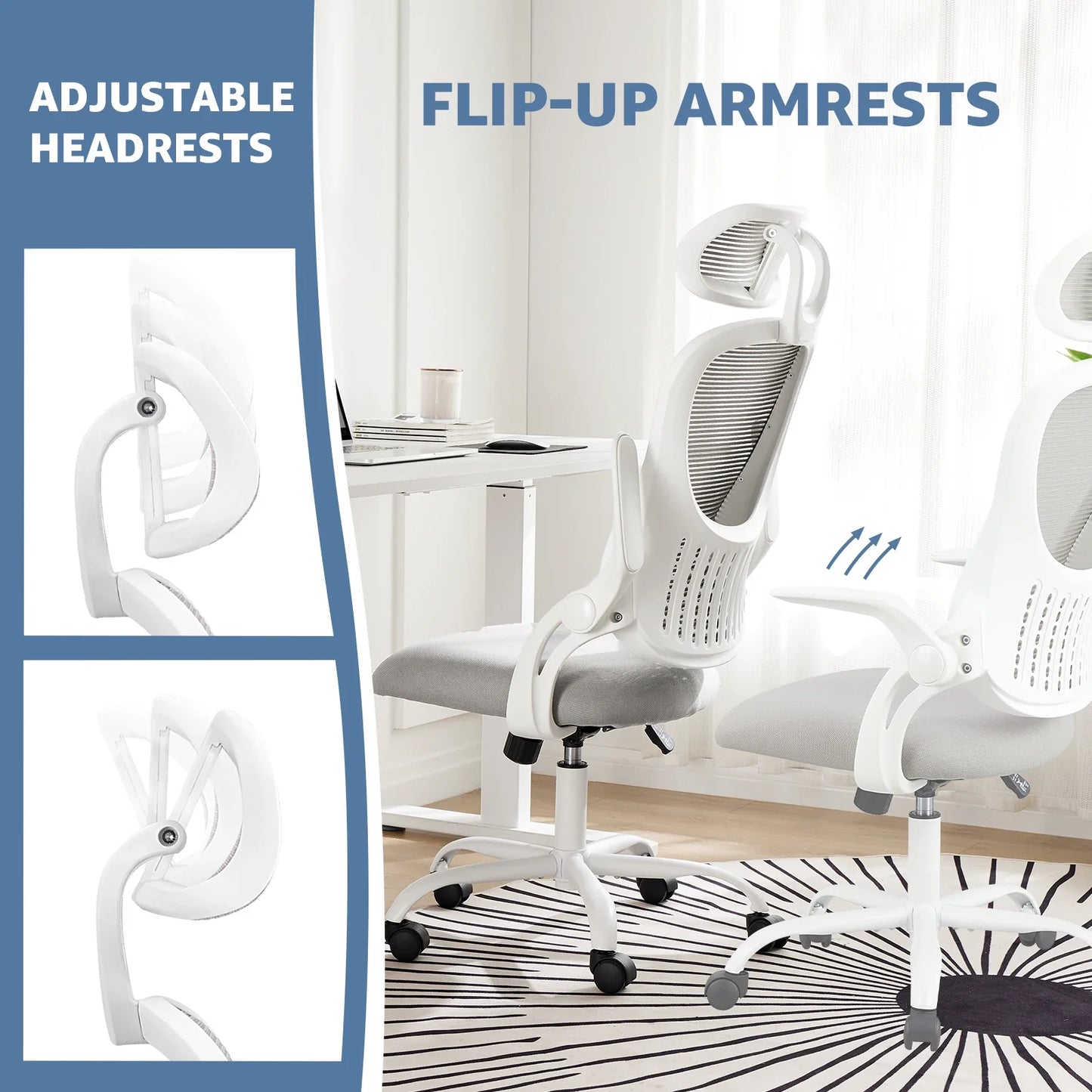 Mesh Ergonomic Office Chair – Adjustable Headrest, Flip-Up Arms, Comfortable Lumbar Support for Home & Office