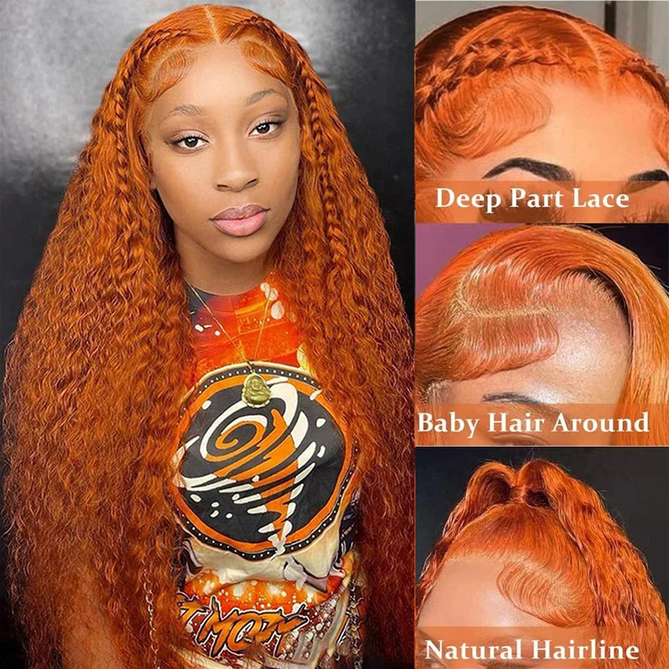 Wiggogo Orange Ginger Lace Front Wig – 30 Inch Curly Deep Wave Human Hair, 13x4/13x6 HD Lace Frontal Wig