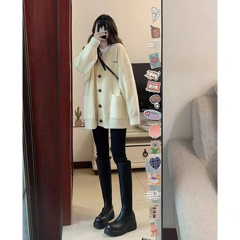 Autumn Winter Women’s Cardigan Sweater Coat – Fashion Long Sleeve V-Neck, Loose Fit Knitted Jacket, Casual Sweater Cardigan