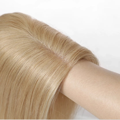 14" Gray Blonde Human Hair Topper – Mono Lace Base, 4 Clips, Natural Look for Thinning Hair