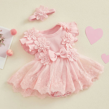 3D Flower Baby Girls’ Romper - Princess Mesh Lace Ruffle Bodysuit Dress with Headband