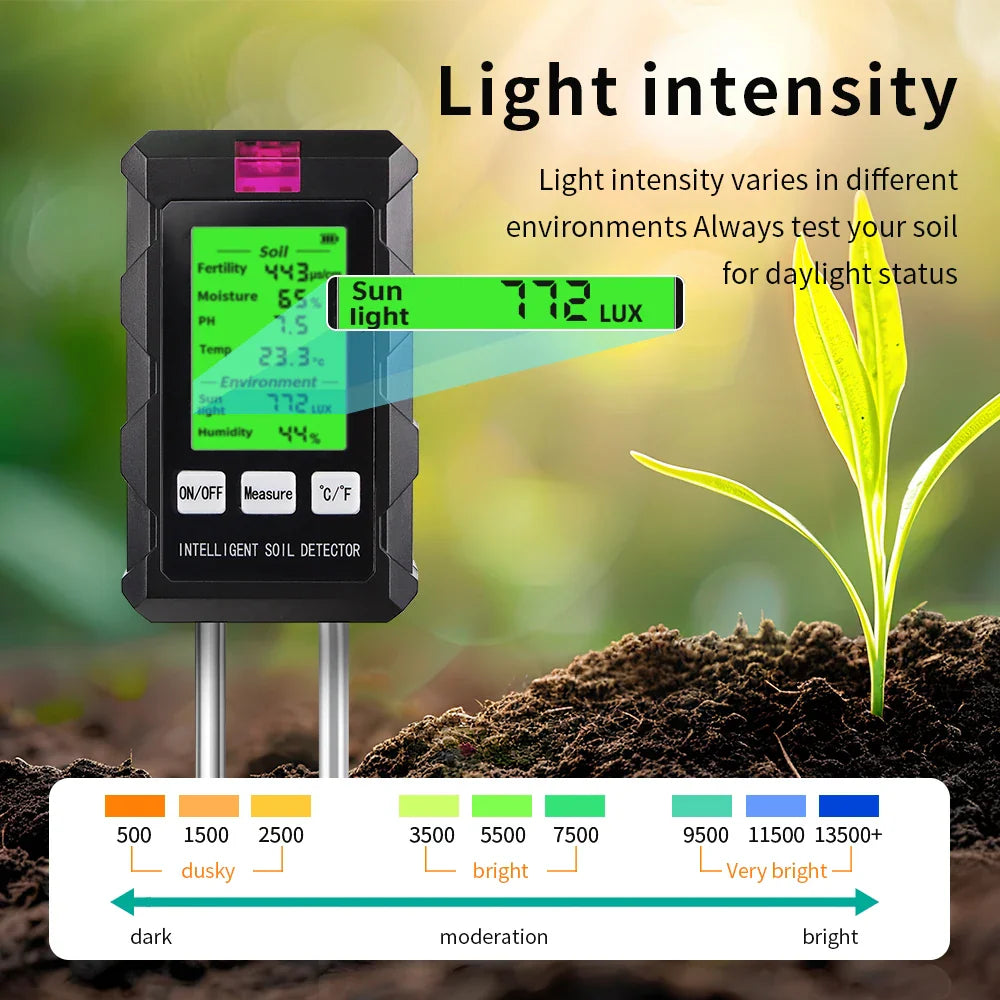 6 in 1 Soil Tester - pH, Temperature, Humidity, Sunlight, Air, Moisture & Nutrient Fertility Meter for Gardening