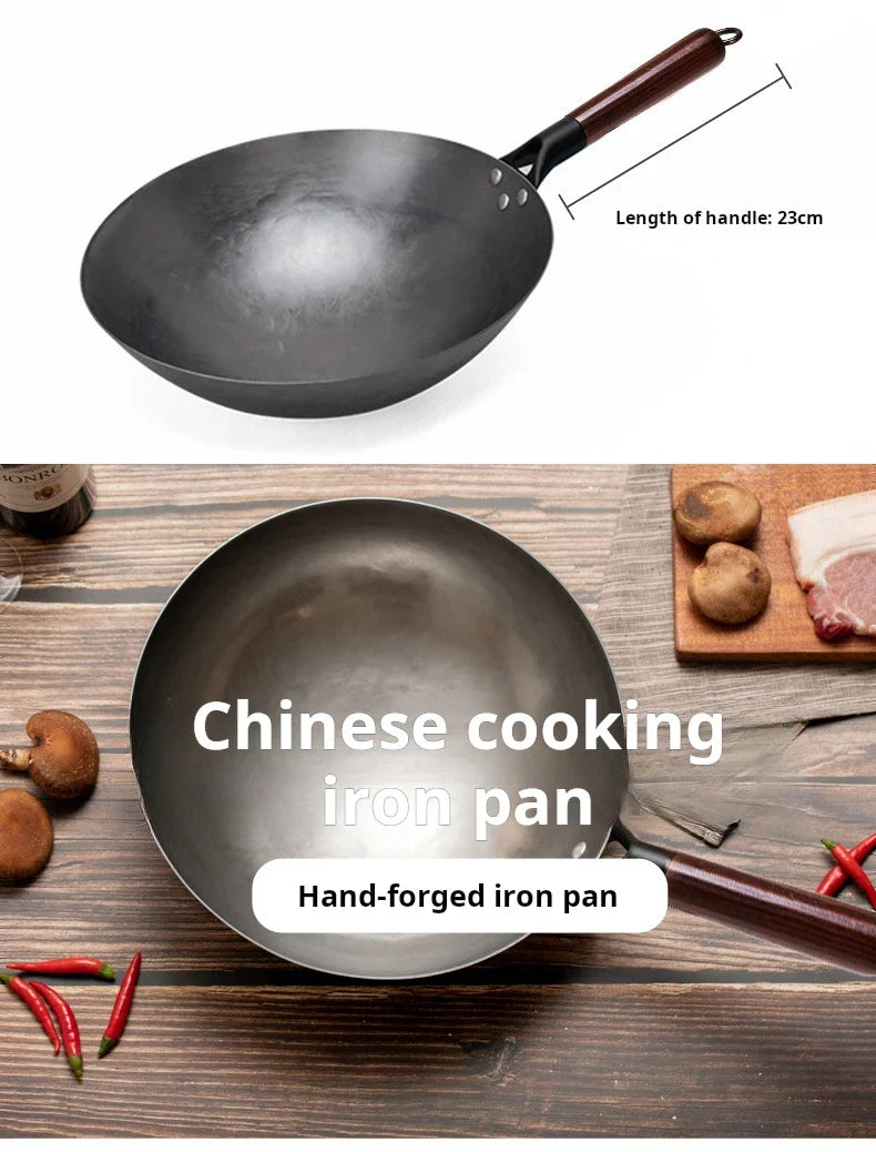30cm Traditional Hand-Forged Iron Frying Pan, Non-Coated with Wooden Handle, Old-Style Household Cookware
