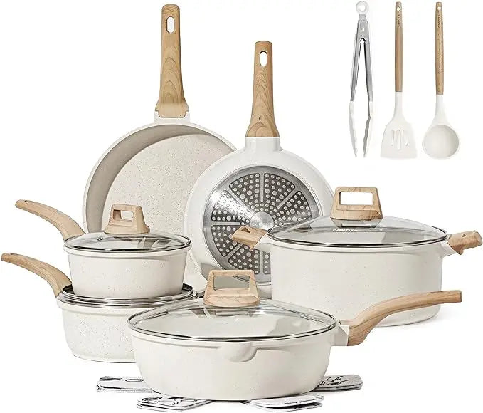 CAROTE 21 Piece White Granite Nonstick Cookware Set - Induction-Ready Pots, Pans, and Frying Pans