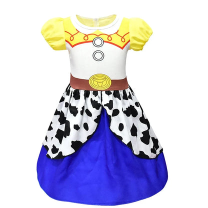 Kids Cowgirl Costume Dress - Girls Cartoon Print Short Sleeve Halloween Cosplay Party Outfit