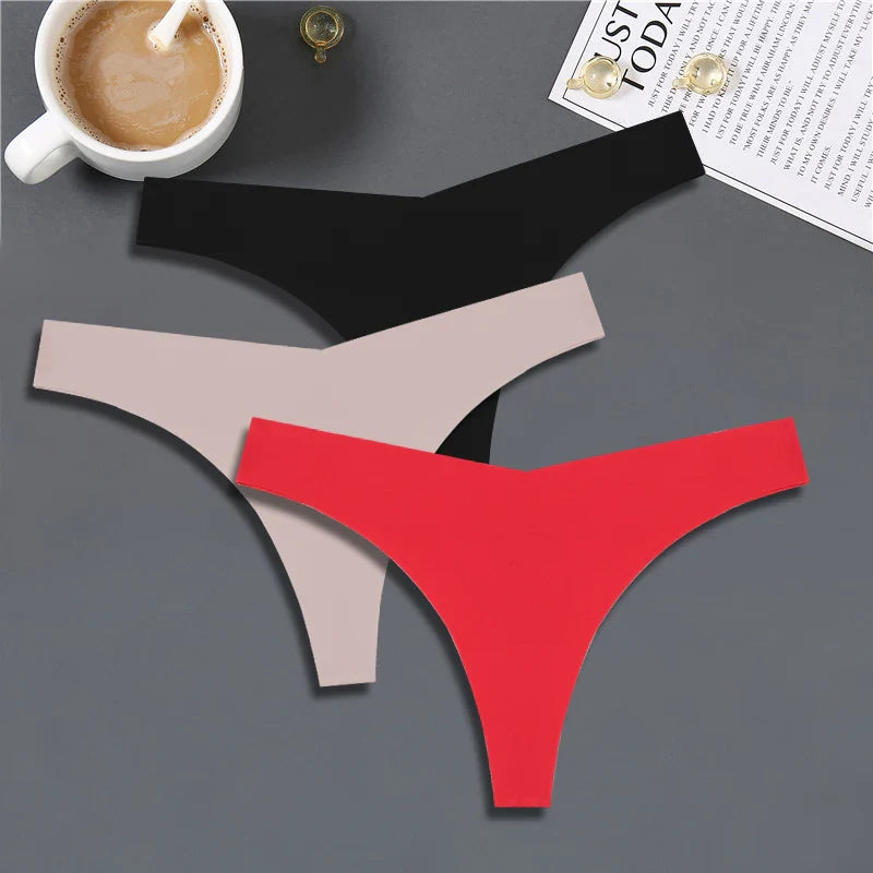 FINETOO 3PCS Women’s Ice Silk Seamless V-Waist Thongs — Low Rise Sport Panties, 10 Solid Colors, Breathable G-String